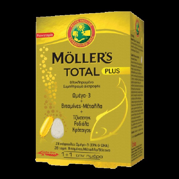 Moller's Total Plus Συμπλήρωμα Διατροφής με Ωμέγα 3, Βιταμίνες, Μέταλλα & 3 Καταξιωμένα Βότανα - Για Ολοκληρωμένη Τόνωση του Οργανισμού, 28+28caps Moller's Total Plus Συμπλήρωμα Διατροφής με Ωμέγα 3, Βιταμίνες, Μέταλλα & 3 Καταξιωμένα Βότανα - Για Ολοκληρωμένη Τόνωση του Οργανισμού, 28+28caps